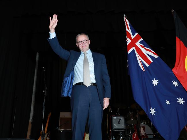 23/6/22: Prime Minister Anthony Albanese takes to the stage to talk to his adoring supporters at a civic reception at Marrickville Town Hall. John Feder/The Australian.