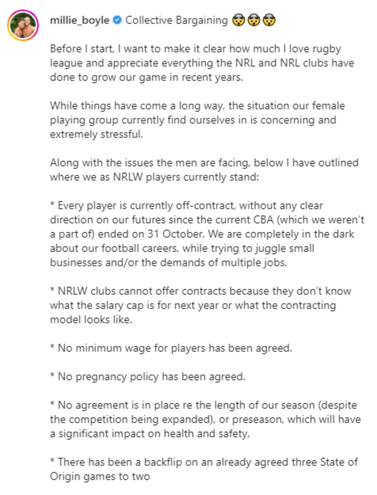 NRLW star Millie Boyle took to Instagram to address the current state of the NRLW.