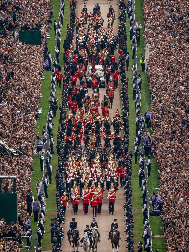 The Ceremonial Procession of the coffin of Queen Elizabeth II travels down the Long Walk as it arrives at Windsor Castle for the Committal Service at St George's Chapel on September 19, 2022 in Windsor, England. Picture: Aaron Chown - WPA Pool/Getty Images.