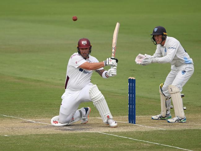 BRISBANE, AUSTRALIA - MARCH 13: Ben McDermott of Queensland plays a shot during the Sheffield Shield match between Queensland and New South Wales at Allan Border Field, on March 13, 2024, in Brisbane, Australia. (Photo by Matt Roberts/Getty Images)