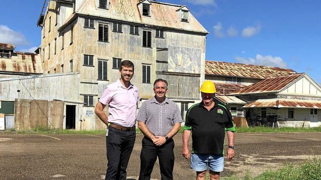 DEMOLITION WORKS: Fraser Coast councillor Paul Truscott, site owner Chris Moore and Hose Family Trust owner David Hose outside the Dominion Flour Mill in Maryborough. Demolition works on the site will start this week. Picture: Contributed