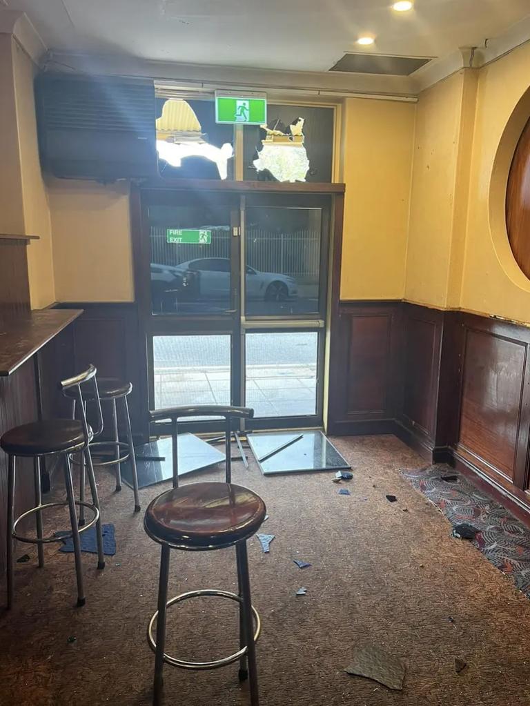 Damage sustained to Todd Tavern in Alice Springs after a large group of people attempted to smash their way inside. Picture: Supplied