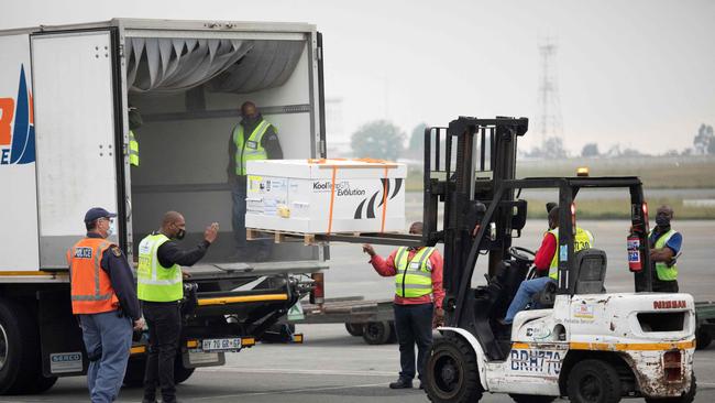 A shipment of the Johnson &amp; Johnson is unloaded at Johannesburg’s International Airport last month. Picture: AFP