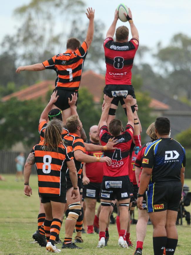 Gold Coast District Rugby Union clash between Coomera Crushers and Griffith Uni Colleges Knights. Played at Coomera. Coomera Player No1 Isaac Makelainen Griffith uni Player No8 Jaye Paton Pic Mike Batterham