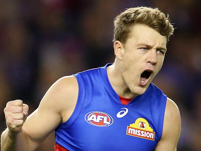 AFL Round 6. 27/04/2018. Western Bulldogs v Carlton at Etihad Stadium.  Western Bulldogs Jack Macrae celebrates his goal in the first quarter  . Pic: Michael Klein