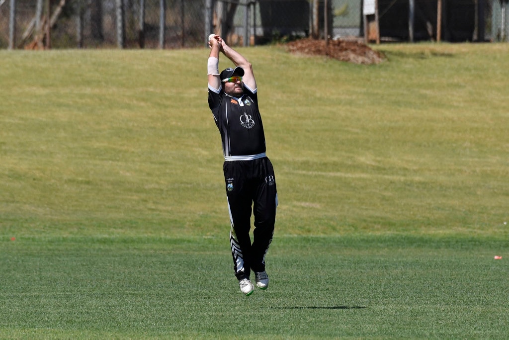 George Banks Umbrellas player Daniel Wilson takes a catch to remove Liam Moffett of Liebke Lions in Darling Downs Bush Bash League (DDBBL) round five T20 cricket at Highfields Sport Park, Sunday, October 20, 2019. Picture: Kevin Farmer