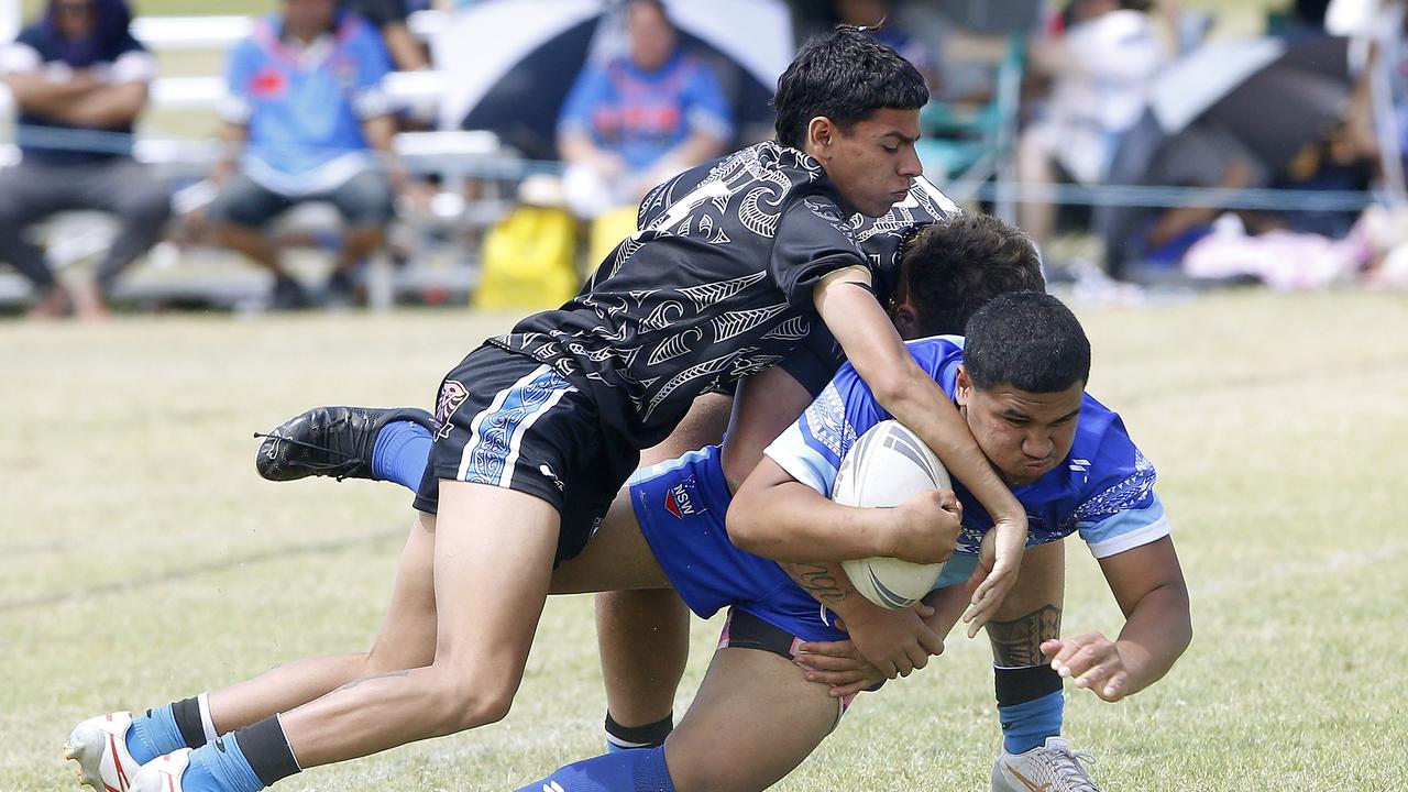 Tui Leno from Samoa White. Under 16 Boys Maori Pango v Samoa white. Harmony Nines Rugby League. Picture: John Appleyard