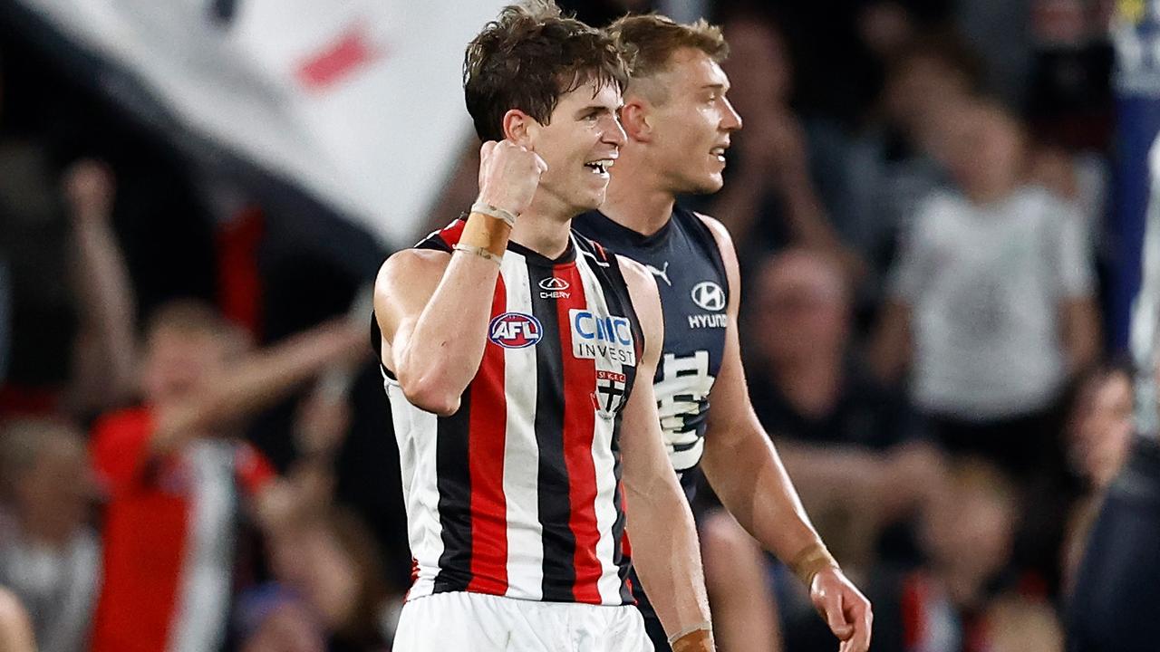 MELBOURNE, AUSTRALIA - AUGUST 25: Paddy Dow of the Saints celebrates a goal during the 2024 AFL Round 24 match between the Carlton Blues and the St Kilda Saints at Marvel Stadium on August 25, 2024 in Melbourne, Australia. (Photo by Michael Willson/AFL Photos via Getty Images)