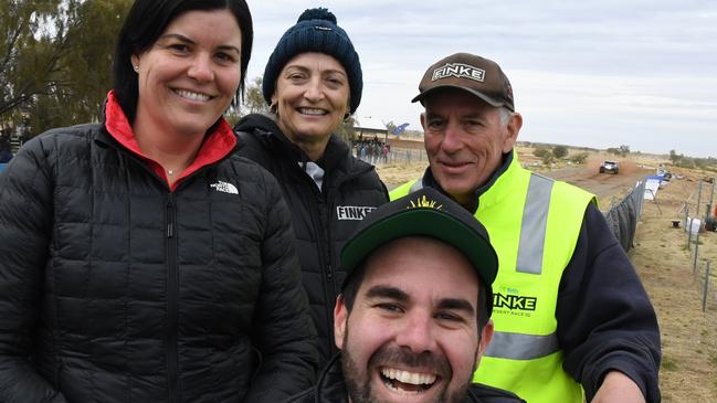 Chief Minister Natasha Fyles, Kate Worden and Chansey Paech with Tony Yoffa at Finke Desert Race 2022. Picture: (A)manda Parkinson
