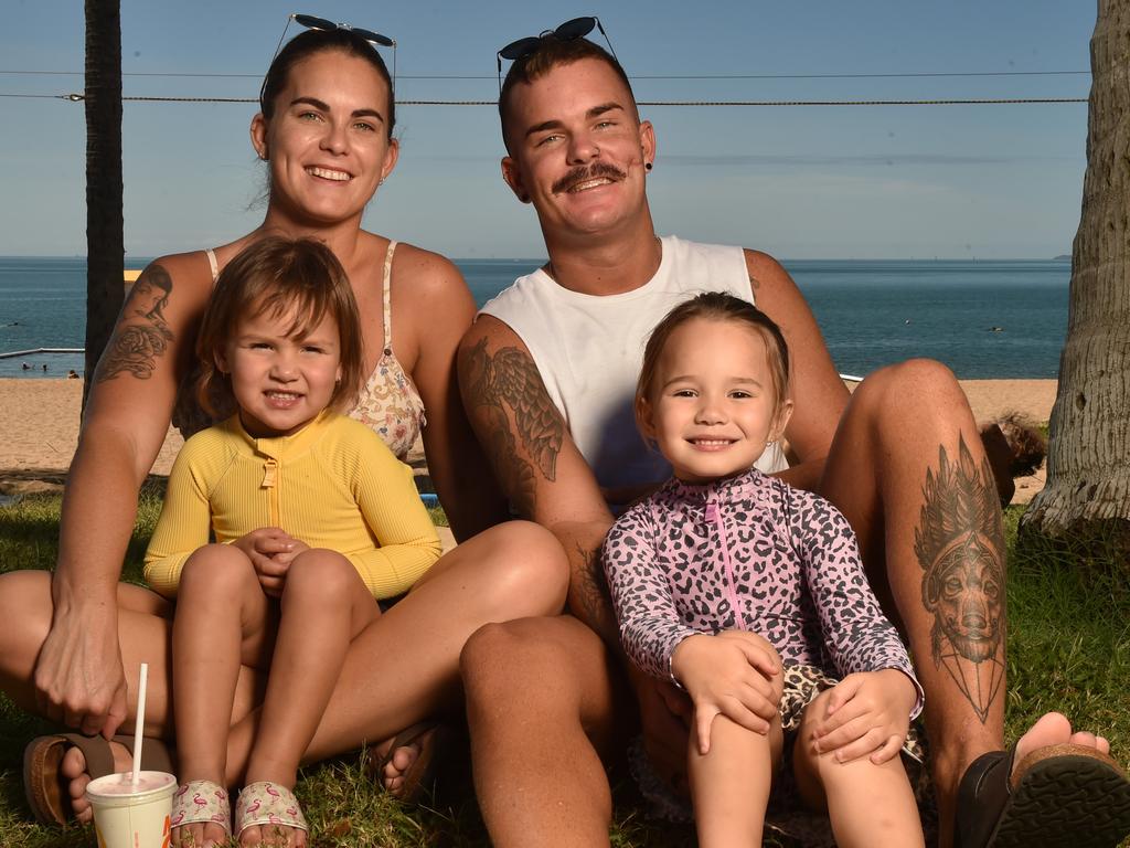 Townsville residents relaxing on the Strand after the relaxation of COVID-19 restrictions. Danni and Billy Lewis with Liliah, 3, and Indigo, 5. Picture: Evan Morgan