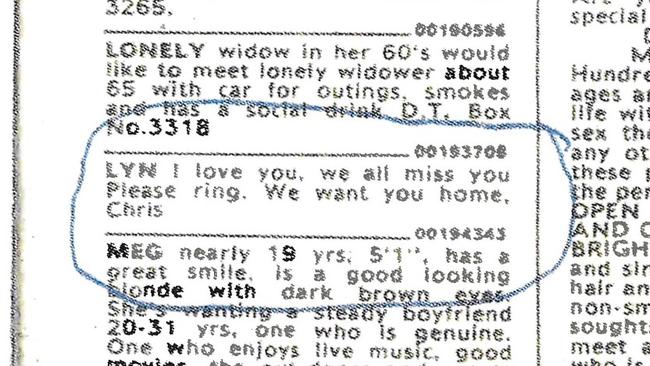 A classified message placed by Chris Dawson in The Daily Telegraph in March 1982 in which he pleaded with his missing wife Lynette to ‘please ring’ and come home.