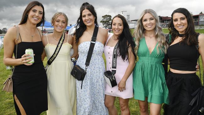 The Ladbrokes 2024 Moe Cup is held at Moe Horse Racing Club, Moe Victoria, Friday 18th October 2024. Racegoers Stephanie, Tahlia, Brooke, Kristy-lee, Brit, Jess, enjoying the races.Picture: Andrew Batsch