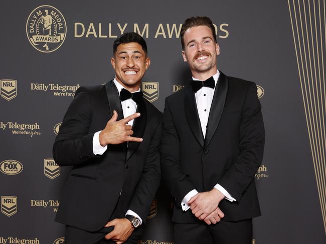 Parramatta Eels boys Dylan Brown and Clinton Gutherson get cheesy on the red carpet. Picture: Jonathan Ng