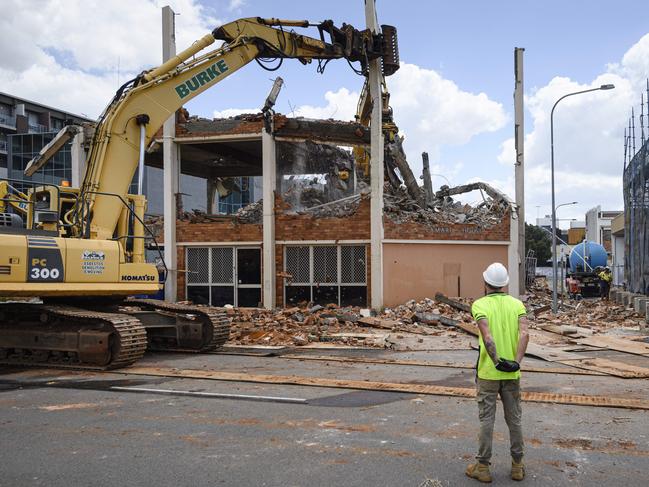 Demolition work on the site of the new Toowoomba head office of People First Bank (formerly Heritage Bank) at 502 Ruthven St, the former Shrine Catholic Church location, as seen from Annand St, Tuesday, February 18, 2025. Picture: Kevin Farmer