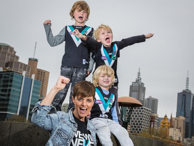 Kane’s biggest fans: Lucy Cornes with sons Eddy, 7; Raph, 5 and Sonny, 3. Photo: Jake Nowakowski