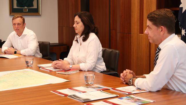 Deputy Premier Steven Miles, Premier Annastacia Palaszczuk and Treasurer Cameron Dick, at 1 William Street, Brisbane. Picture: Liam Kidston