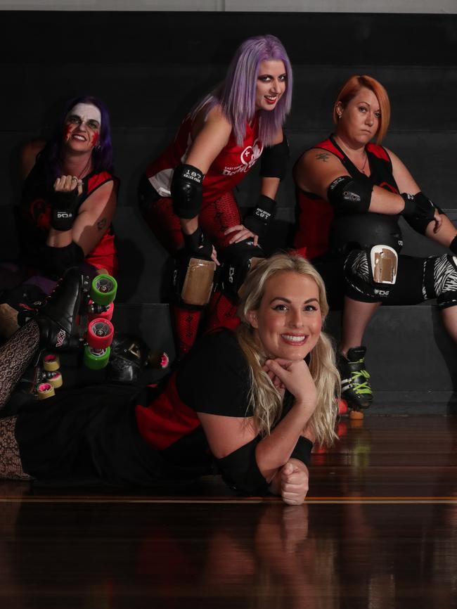 Members of the East Coast Derby Dolls will be out for victory against visiting team from Bundaberg, the Rum City Derby Dolls in a guaranteed bone-crunching affair. J'Aime Bache aka Medusa Damage (front), Nikki Kay aka Bravetart, Lucy Fouche aka Lucious and Laura Hoad aka Crank. Picture by Scott Fletcher