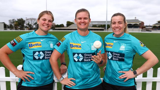 Brisbane Heat trio (from left) Georgia Voll, Jess Jonassen and Georgia Redmayne are excited about the new WBBL season. Picture: Chris Hyde/Getty Images for Cricket Australia