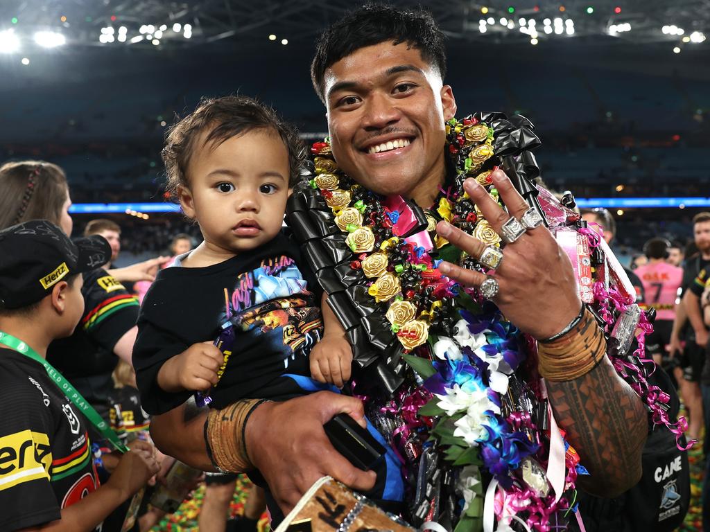 Brian To'o of the Panthers as family, friends and fans took to the field after the final. Picture: Cameron Spencer/Getty Images