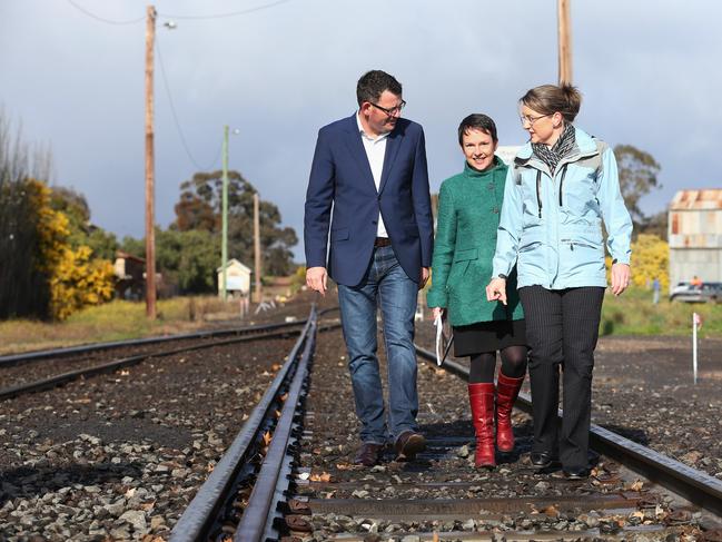 Premier Daniel Andrews at Maryborough today announced a $416 million upgrade to the Murray Basin rail network which will standardise and upgrade 1133 kilometres of rail line. pictured (L-R)  premier Dan Andrews, Jaala Pulford Member for Western Victoria and Jacinta Allan, Member for Bendigo EastPICTURE: ANDY ROGERS