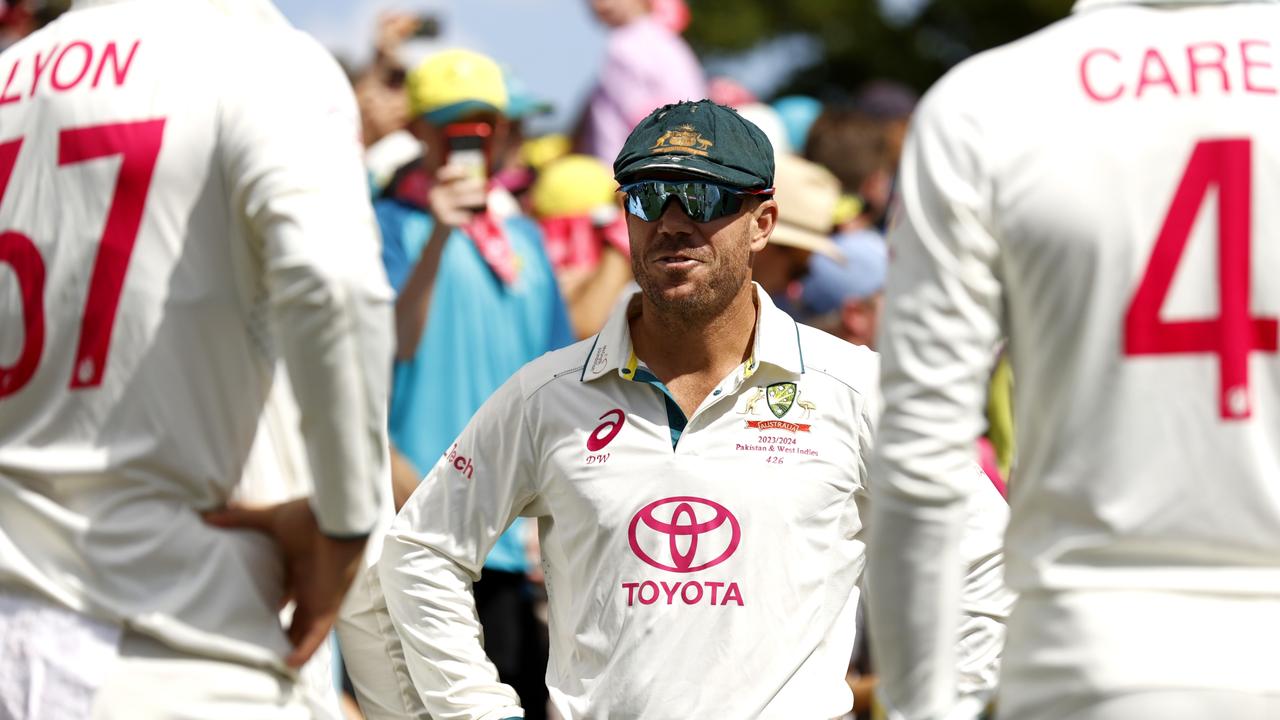 David Warner, back in his famous baggy green, waits to field in his final Test. Picture: Getty