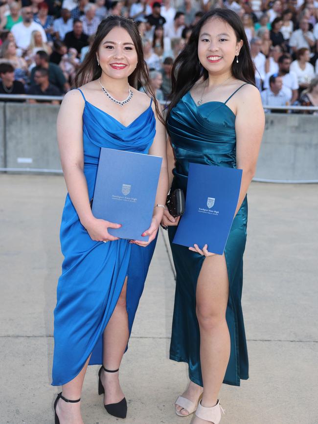 Dulcia Zancola and Lauren Nguyen at the Southport State High School Formal at SeaWorld. Picture, Portia Large.