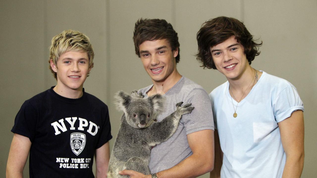 One Direction meet Kat the koala from Lone Pine l/r Niall, Liam and Harry, Picture: Nathan Richter