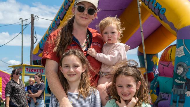 Mum, Jess with Isla, Emmelyn and Kinsley, from Kyogle at the Kyogle Show. Jess owns Country Folk in Kyogle and has a stand onsite. Picture: Cath Piltz