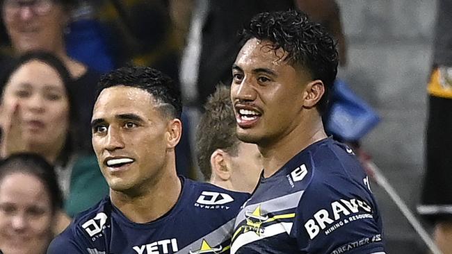 TOWNSVILLE, AUSTRALIA - SEPTEMBER 14:  Valentine Holmes of the Cowboys celebrates with try-scorer Murray Taulagi of the Cowboys during the NRL Qualifying Final match between North Queensland Cowboys and Newcastle Knights at Queensland Country Bank Stadium on September 14, 2024 in Townsville, Australia. (Photo by Ian Hitchcock/Getty Images)