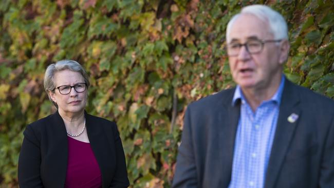 USQ Vice-Chancellor Professor Geraldine Mackenzie listens as TRC Mayor Paul Antonio. Picture: Kevin Farmer