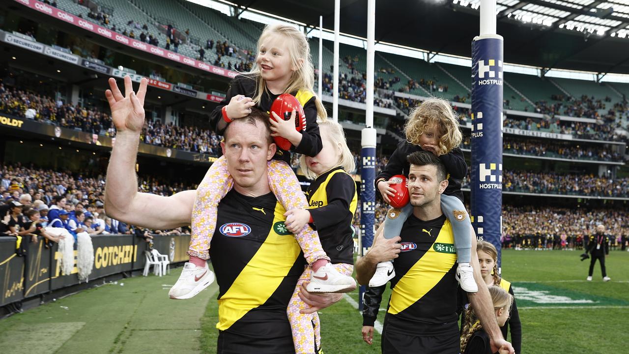 Jack Riewoldt and Trent Cotchin say farewell. Picture: Daniel Pockett/Getty Images