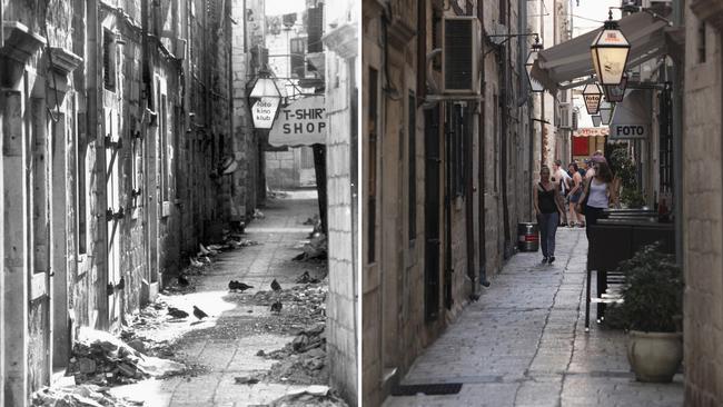 A street in Old Town Dubrovnik in 1991, and in more recent times, right. Picture: REUTERS