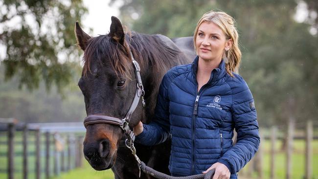 Jamie Kah with her horse, Brax, after her horror fall in March. Picture: Mark Stewart