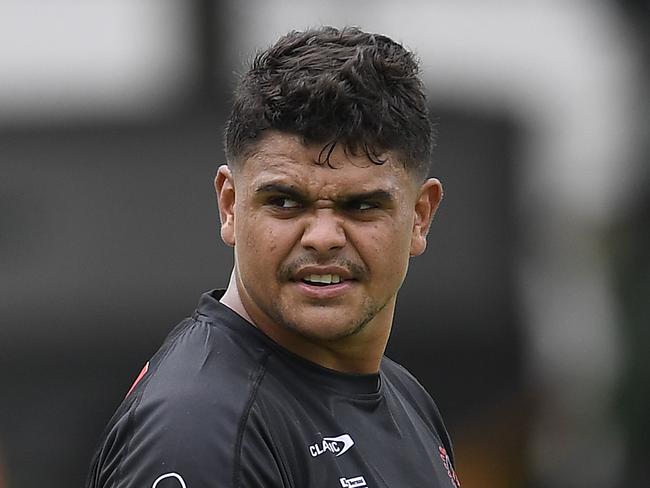 TOWNSVILLE, AUSTRALIA - FEBRUARY 17: Latrell Mitchell of the Indigenous All Stars looks on during an Indigenous Men's All-Star training session at Townsville Sports Reserve on February 17, 2021 in Townsville, Australia. (Photo by Ian Hitchcock/Getty Images)