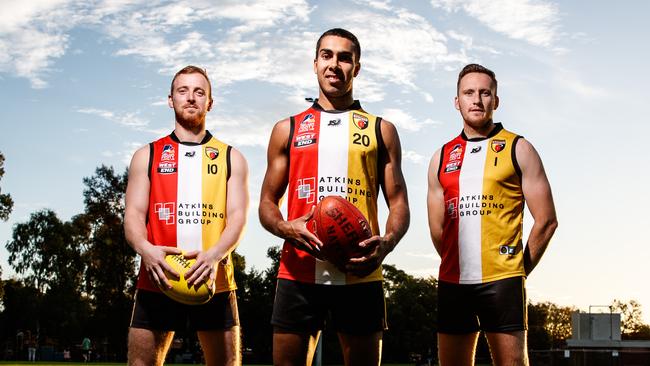 5/5/2020 Goodwood Saints players Josh Slape, Benny Holzbauer and Lou Whitelock at Goodwood Oval. Picture MATT TURNER.