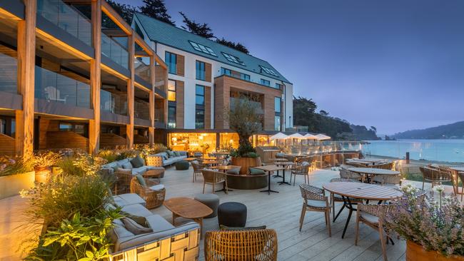 Harbour Beach Club Hotel &amp; Spa, looking out over the water at Salcombe, UK.