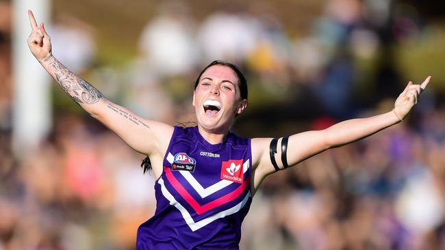 Sabreena Duffy of the Dockers celebrates scoring a running goal during the 2019 NAB AFLW Round 7 win against North Melbourne. Picture: Daniel Carson/AFL Media