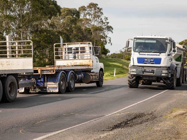 Storr Transport MD Stuart Storr, in Toora at a horribly repaired patch of road near Welshpool where trucks have recently almost lost loads and rolled over on the corner. Picture: Jason Edwards