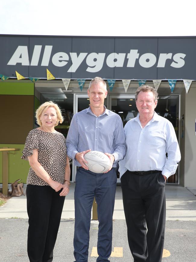 Palm Beach Currumbin Rugby Club President Jason Gallagher with Councillor Gail O'Neill, and Gold Coast District Rugby Union Chairman, Kim Bending. Picture Glenn Hampson