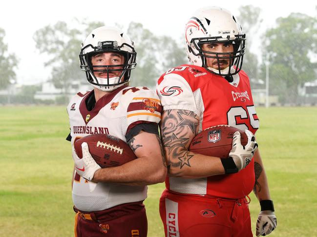 Townsville Cyclones players Ryan Worsley and Leon Suckling ahead of the 2024 Regional Queensland American Football season. Worsley is pictured in his Regional Queensland Irukandji representative jersey. Picture: Shae Beplate.