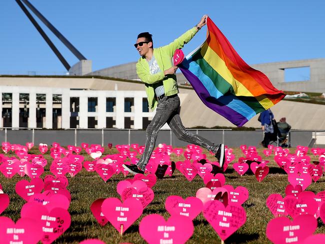 The inaugural ‘Sea of Hearts’ was held on the lawns of Parliament today in support of marriage equality. Picture Kym Smith