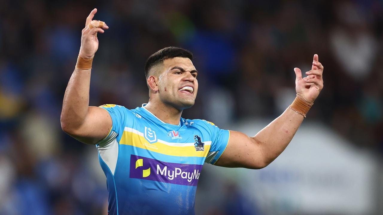 GOLD COAST, AUSTRALIA - AUGUST 04: David Fifita of the Titans reacts during the round 23 NRL match between Gold Coast Titans and New Zealand Warriors at Cbus Super Stadium on August 04, 2023 in Gold Coast, Australia. (Photo by Chris Hyde/Getty Images)