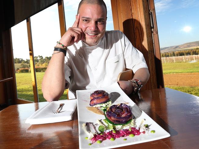 Frogmore Creek head chef Ruben Koopman with a dish called Smell the Roses. pic Sam Rosewarne