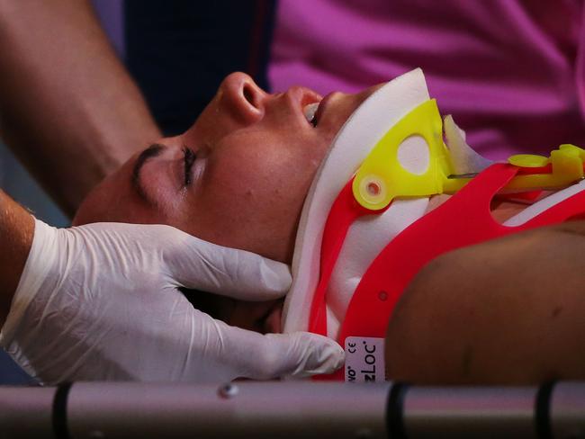 MELBOURNE, VICTORIA - FEBRUARY 11: Meg Downie of the Demons gets stretchered off during the round two AFL Women's match between the Collingwood Magpies and the Melbourne Demons at Ikon Park on February 11, 2017 in Melbourne, Australia. (Photo by Michael Dodge/AFL Media/Getty Images)