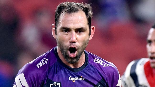 BRISBANE, AUSTRALIA - JULY 02: Cameron Smith of the Storm celebrates victory during the round eight NRL match between the Melbourne Storm and the Sydney Roosters at Suncorp Stadium on July 02, 2020 in Brisbane, Australia. (Photo by Bradley Kanaris/Getty Images)