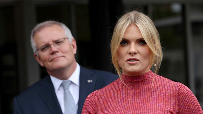 Then-prime minister Scott Morrison and Erin Molan at a press conference at Penshurst Girls High School to discuss the Online Safety Act. Picture: NCA NewsWire