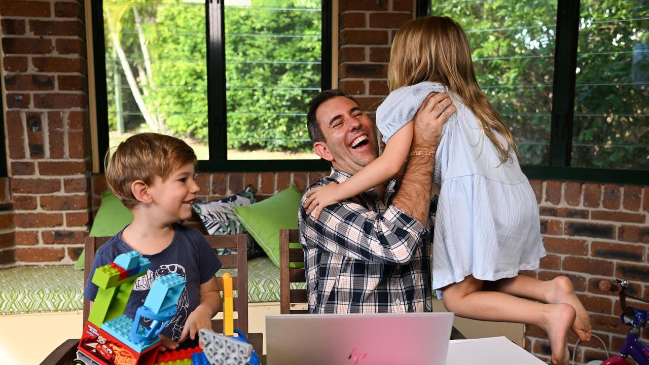 Treasurer Jim Chalmers, pictured with his children Annabel, 5, and Jack, 4, will hand down his second budget on Tuesday – which will include a $14.6bn cost of living package. Picture: Dan Peled / NCA NewsWire