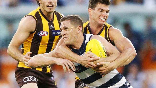 It’s not Joel Selwood’s fault umpires pay free kicks. Pic: Getty Images