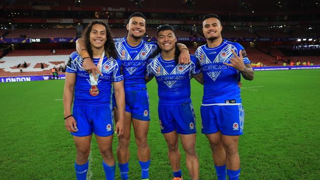 Spencer Leniu has called on officials to organise a three-Test series between Samoa and Tonga that would rival State of Origin. Picture: Matthew Lewis/Getty Images for RLWC