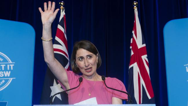 A jubilant Gladys Berejiklian is the first woman to be elected premier in NSW. Picture: Brook Mitchell/Getty Images